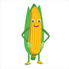 Corn character. funny cartoon smiling corn character. Semi-realistic corn character. Happy vegetable vector illustration. Cartoon corn vector for children's books.