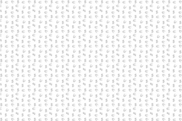 Seamless abstract pattern. Primitive small drawing of dollar and euro. Fantasy ornament. Light gray on a white background. Flyer design, advertising background, fabric, clothing.