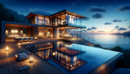 Fototapeta premium A twilight scene featuring a luxurious seaside villa with a modern aesthetic. The structure has large glass walls and sleek wooden frames