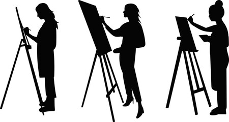 female artists draw on an easel silhouette on a white background vector