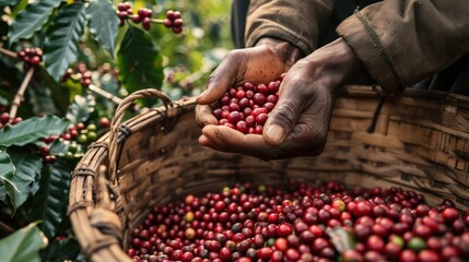 Fototapeta premium Fresh coffee berries are harvested from plantation farm.