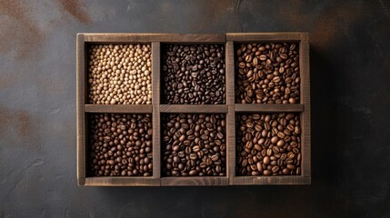 Close-up view of different type of coffee beans in storage box on table.