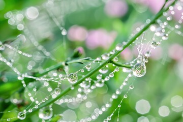 Fototapeta premium Fresh Morning Dew on Gossamer Threads, Soft Dewdrops on Nature Backdrop