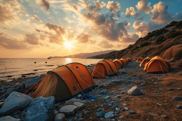 Cute tourist tents stand on the ocean sea shore in a campsite	