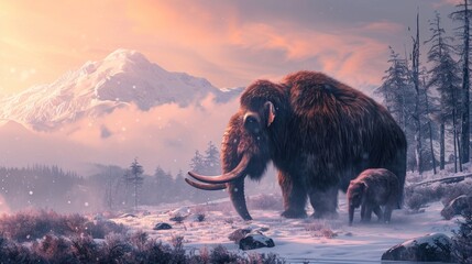 Mammoth walking in snow field with its cub in freezing winter at sunrise. - obrazy, fototapety, plakaty