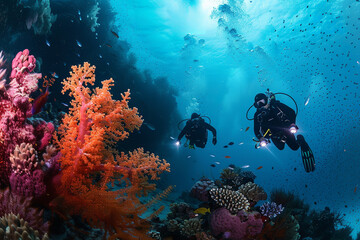 Naklejka na ściany i meble Divers exploring an underwater coral reef, marveling at the vibrant marine life and the quiet of the ocean depths