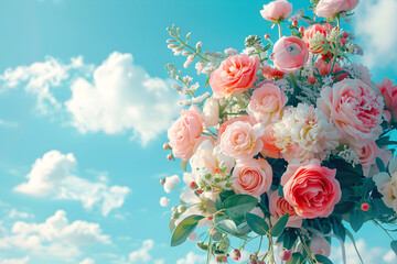 Bouquet of spring flowers against a blue sky with clouds, pastel pink colors, wedding concept, mother's day, space for text.