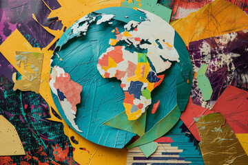 World, globe and collage art made of paper school project, humanity and eco friendly banner. Colourful, vibrant pop and creative graphic design poster for background, wallpaper and backdrop mockup - obrazy, fototapety, plakaty