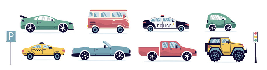 A set of modern cars. Urban types of cars in a flat style. for the web, print, banner. png art  illustration.