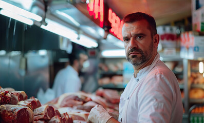 A butcher standing in his meat shop.