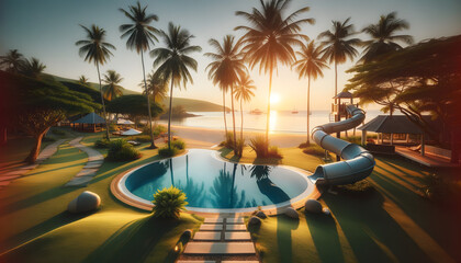 An idyllic tropical resort scene at sunrise, featuring a well-maintained swimming pool with a water slide. The pool is surrounded by lush palm trees