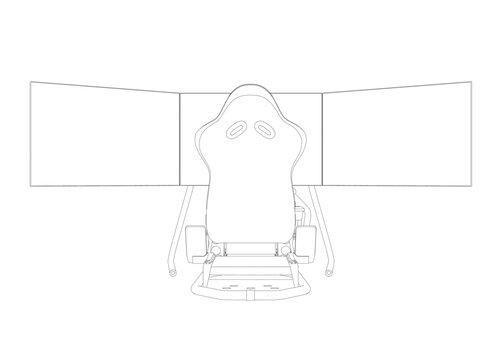 Electronic wheel technology for computer game, vector illustration. Race gaming simulator contour. Learn to drive with gaming wheel. Driving school, simulation driving lesson. Car racing video game
