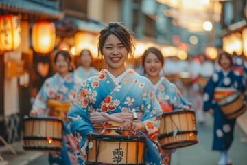Obraz premium Joyful Traditional Japanese Festival with Women in Colorful Kimonos Playing Taiko Drums in Street
