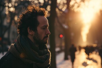 Portrait of a young handsome man with long curly hair and beard on the street at sunset - obrazy, fototapety, plakaty
