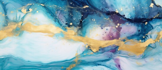 In the image, a close up showcases a painting with vibrant gold paint strokes creating an intricate design