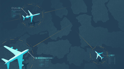 Flight status. Track airplanes flight route data, air traffic. Top view of airplane flying above city map. Plane journey over modern megapolis city residential district. Vector illustration