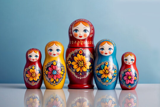 A set of five Russian nesting wooden dolls or Matryoshka painted doll on a white table with a blue background