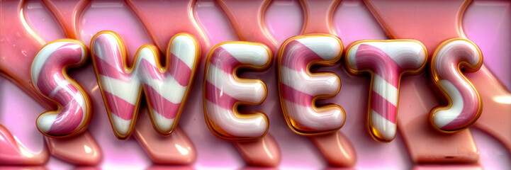 3d illustration render of word text SWEETS in pink and white candy letters, surrounded by a background of flowing pink and white liquid candy