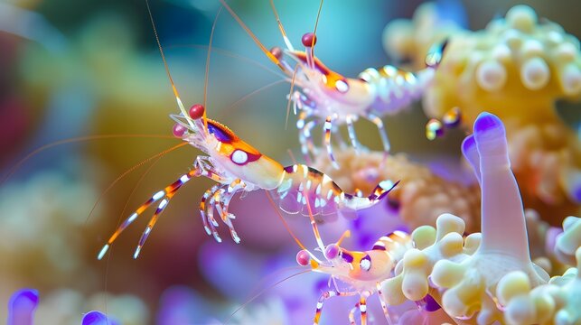 Tiny colorful shrimp exploring coral formations underwater ai image