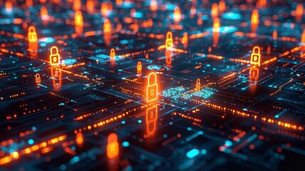 A network of digital locks illuminating a cybersecurity grid, symbolizing secure data and online safety..