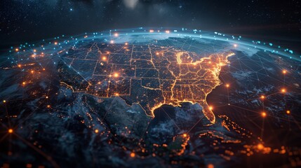 A high-tech visualization of the United States with a glowing network grid, representing connectivity and data flow..