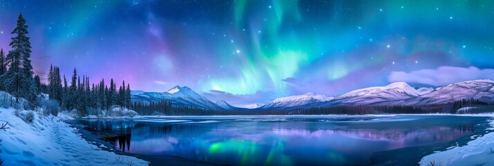 Beautiful aurora northern lights in night sky with lake snow forest in winter. - obrazy, fototapety, plakaty