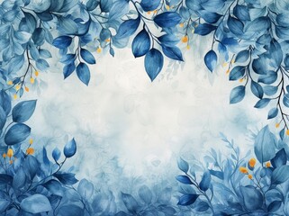 Beautiful Blue Leaves and Flowers Watercolor Painting on White Background with Copy Space for Text