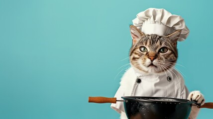 Cat dressed as chef holds pan against blue background