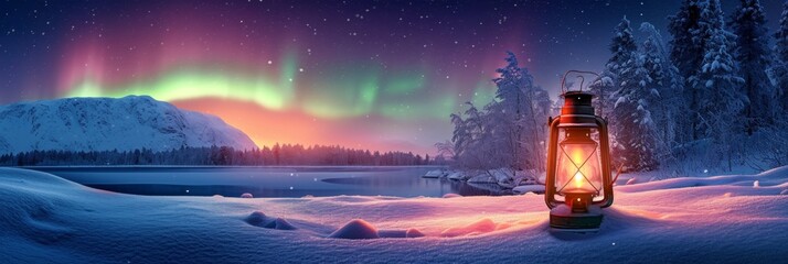 Lantern in snow field with beautiful aurora northern lights in night sky in winter. - obrazy, fototapety, plakaty
