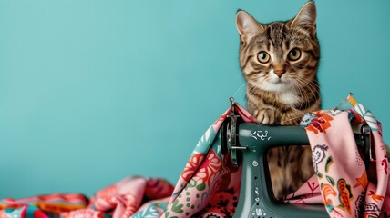 Curious brown tabby cat sitting behind sewing machine with colorful fabric - obrazy, fototapety, plakaty