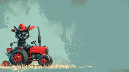 Fototapeten Whimsical illustration of black cat wearing red hat driving small tractor © Татьяна Макарова