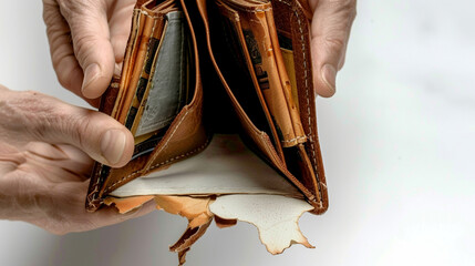 A pair of hands holding a frayed and empty wallet open, the white background accentuating the concept of financial emptiness.