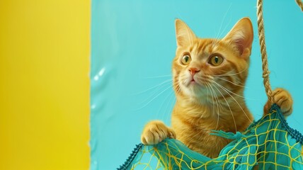Orange cat sits in blue net against yellow and background, looking curious