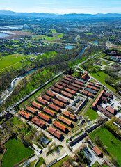 View of Auschwitz concentration camp in Oswiecim, a complex of concentration and extermination camps operated by Nazi Germany in occupied Poland
