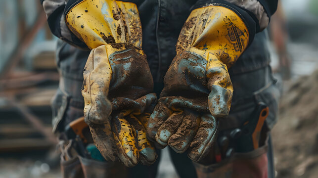 Worker's Gloved Hands Grasping Construction Tools with Gritty Textures