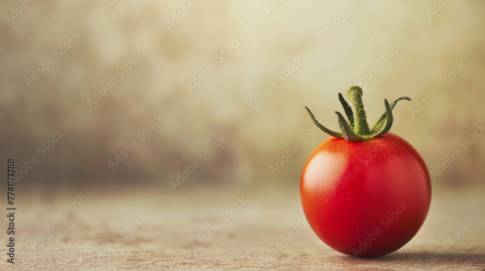 Sticker Single ripe tomato on a textured brown background.