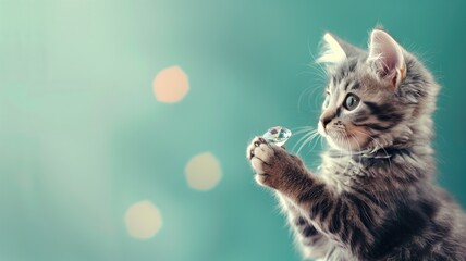 Obraz premium Fluffy gray kitten with wide eyes looks fascinated by sparkling clear gem it is gently touching its paw