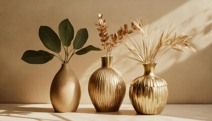 jolis vases decoratifs avec plante et feuilles sur fond clair arriere plan beige sobre elegant pour conception et creation graphique - obrazy, fototapety, plakaty
