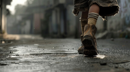 A solitary figure of a poor woman walking down an empty street, wearing one boot and a tattered sock on the other foot, her stride reflecting a mix of resilience and despair amidst poverty.