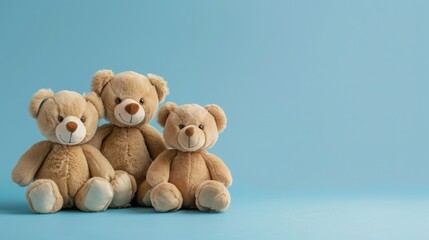 cute kids girl boy plush teddy bears, blue background, copy and text space, 16:9