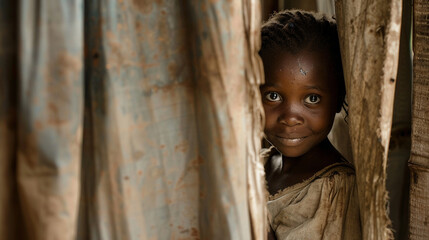 A shy African girl peeking from behind a makeshift curtain, her clothes worn and faded, a tentative smile hiding the hardships of poverty.