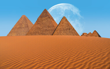 Giza Pyramid Complex with Super Full Moon at bright blue sky - Cairo, Egypt "Elements of this image furnished by NASA"