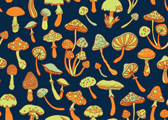 Magic mushrooms. Psychedelic hallucination. Vibrant vector illustration. 60s hippie colorful background, hippie and boho texture. Ttrippy wallpaper. - 774872711