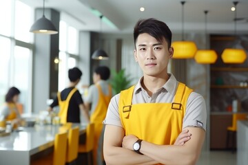 Handsome Asian waiter in yellow apron crossed arms over his chest against background of restaurant