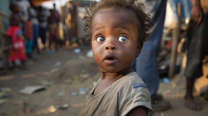 A young child, standing in line at a food camp, turns towards the camera with a look of surprise and curiosity