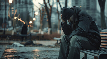 A homeless man sits alone on a bench in a deserted park, his head in his hands, the weight of depression visible in his slumped posture against the backdrop of an uncaring city.