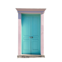 A close up of a blue door with a pink wall