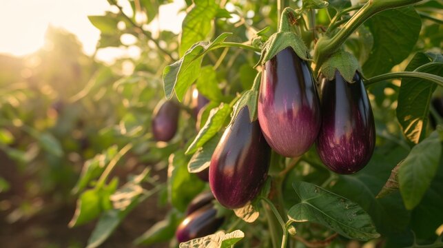 close up Growing eggplant harvest and producing vegetables cultivation. Concept of small eco green business organic farming gardening and healthy food