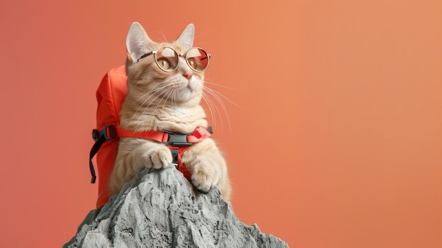 Cat with glasses and backpack sitting atop small rock, against orange background