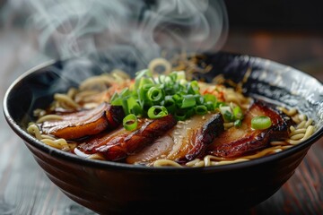 A bowl of steaming ramen noodles garnished with sliced green onions and pork belly. 